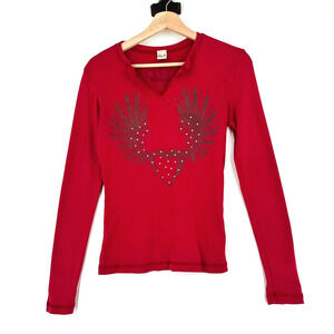 Hank Y2K Style Womens Long Sleeve Embellished Top Small Retro 90s Graphic Biker